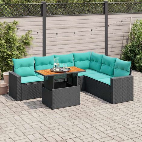Salon de jardin 7 pièces en résine tressée noire avec coussins bleus et table réglable, 64.6kg - PANGIVO (1/5)