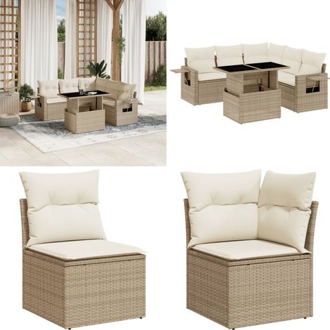 Salon de jardin avec coussins 6 pcs beige résine tressée - Ensemble Salon De Jardin - Meuble Extérieur - Jardin Design - Mobilier Résistant Aux Intempéries - Chaise Longue Pliable - Home & Living (1/5)