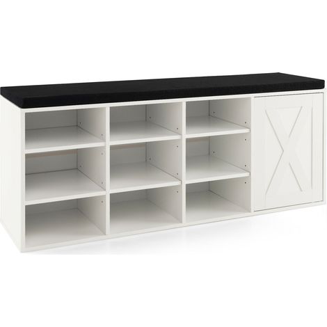 Banc à chaussures blanc en bois avec 9 casiers, étagère réglable, porte et coussin rembourré pour entrée et chambre (1/5)