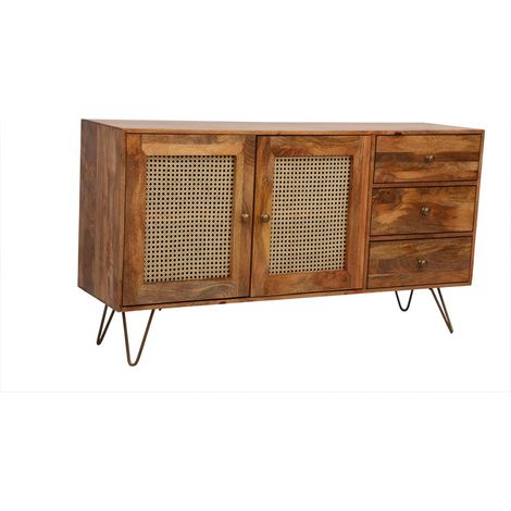 Nyack Large Sideboard - Mango Wood/Iron - L40 x W145 x H80 cm - Light Brown with Natural Rattan - Assembly Required