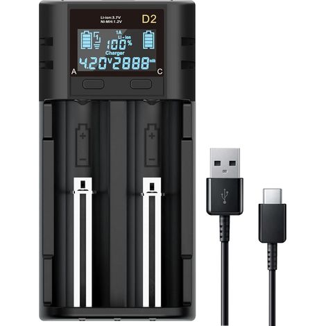 Chargeur de Batterie 2 Baies avec écran LCD Intelligent Charge Rapide Li-ION LiFePO4 NI-MH NI-CD AA AAA C 21700 26650 13650 16340 18350 18700 RCR123 (1/5)