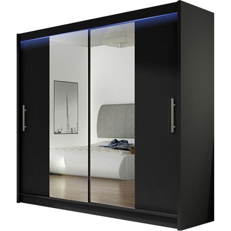 Mobilier1 – Armoire coulissante noire 215x180x58cm – 5 étagères – Éclairage LED RGB – Stratifié durable avec bords ABS
