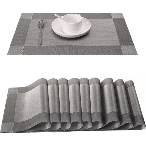 Set mit 10 waschbaren Platzsets aus rutschfestem, gewebtem PVC, grau, 45 x 30 cm