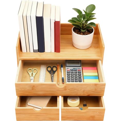 Organizzatore da scrivania in bambù naturale, con 3 cassetti, dimensioni 33 cm x 19 cm x 20 cm, rivestimento ecologico e sistema di scorrimento dei cassetti. (1/5)