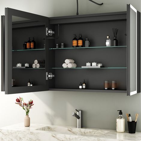 Großer Dreitüriger Schwarzer Spiegelschrank mit Beleuchtung 100x60 cm Spiegelschrank Bad mit Beleuchtung Badezimmerschrank Hängeschränke Medizin Kabinett mit 3 Einstellbare Lichtfarben, Beschlagfrei, (1/5)