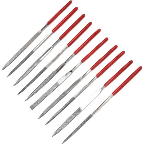Ensemble de 10 limes aiguilles trempées, robustes et durables, avec manche confortable et pratique pour la bijouterie (3 x 140 mm). (1/5)