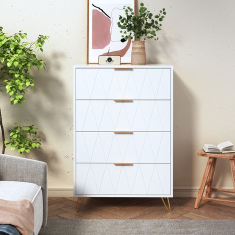 Vorteipoge - Commode 4 tiroirs - 60 x 34 x 90 cm - style nordique moderne - cadre métal - meuble de rangement avec poignées - pour chambre salon petit espace - blanc