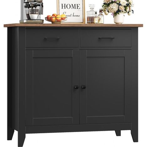 Buffet de cuisine 2 portes 2 tiroirs style champêtre noir plateau bois (1/5)