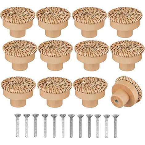 12er-Pack runde Kommodenknöpfe aus Rattan im Bohème-Stil, handgefertigt