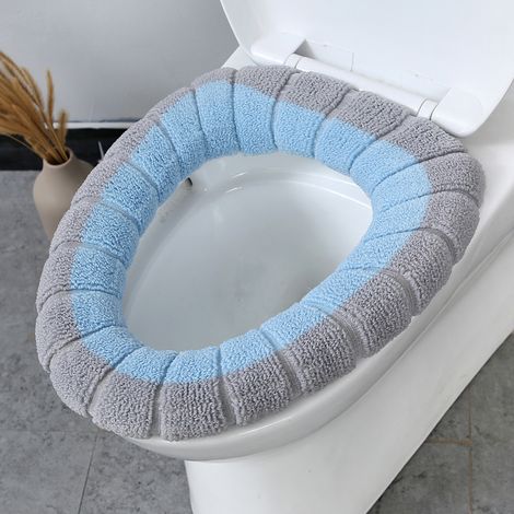 Dickes, gestricktes, waschbares WC-Sitzkissen, Winter-WC-Sitzbezug (grau und blau)