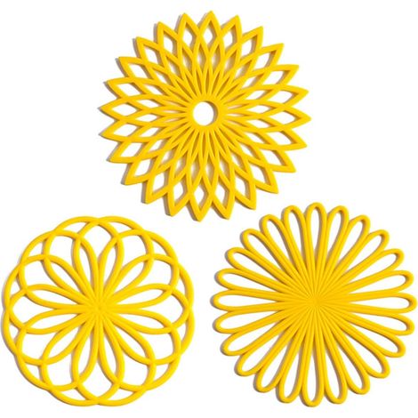 Dessous de plat en silicone pour plats chauds, casseroles et poêles, protège-plats et assiettes chaudes, lot de 3 dessous de plat en silicone à motif floral sculpté - Jaune (1/5)