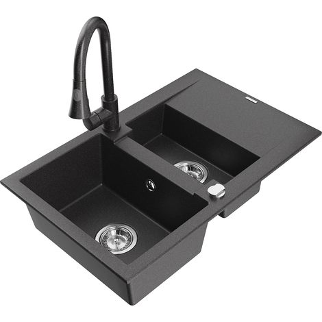 Évier en granit Mexen Gaspar 1,5 bac avec égouttoir et robinet de cuisine Elia, noir moucheté - 6507-76-670101-76 (1/5)