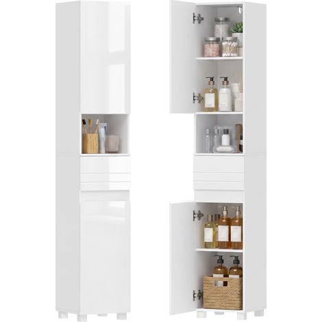 HOMCOM armario alto de baño, mueble de baño estrecho de alto brillo con cajón, compartimento abierto y estantes ajustables, 30x30x170 cm, blanco (1/5)