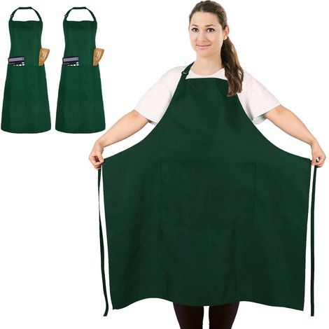 Tablier grande taille (lot de 2), unisexe, vert, imperméable, avec 2 poches, idéal pour la cuisine, le barbecue et le travail - Convient aux serveurs, artistes et coiffeurs (grande taille). (1/5)