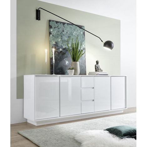 Azura Home Design – Buffet ICE blanc laqué 210 cm – 4 portes, 3 tiroirs – Structure en bois aggloméré 16mm – Charnières métal – Fabriqué en Italie