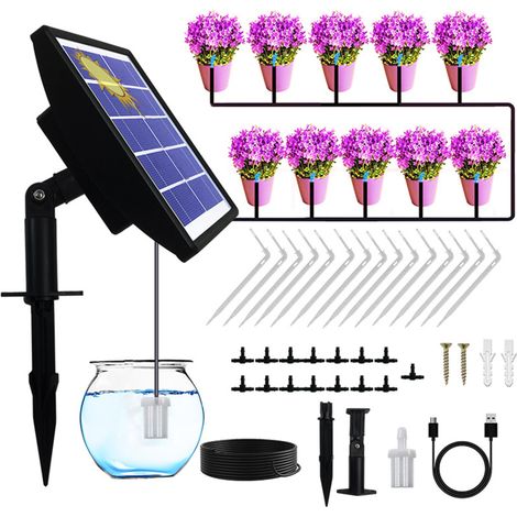 Kit d'irrigation automatique solaire goutte à goutte, système anti-siphon pour jardin et balcon, minuterie 1-600 s, installation facile, compatible avec 10 à 15 pots. (1/5)