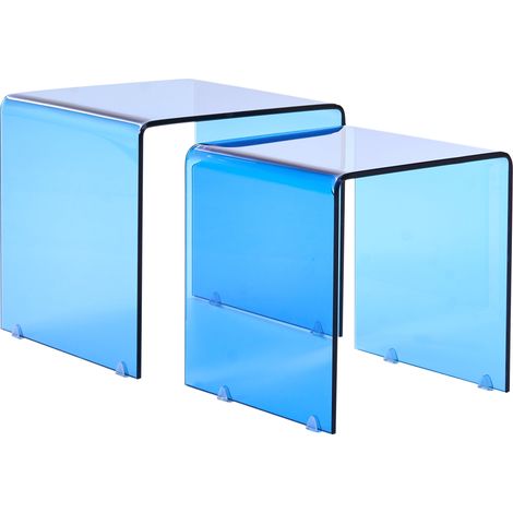 Conjunto de 2 mesas auxiliares minimalistas modernas cuadradas de vidrio templado azul Kendall (1/5)