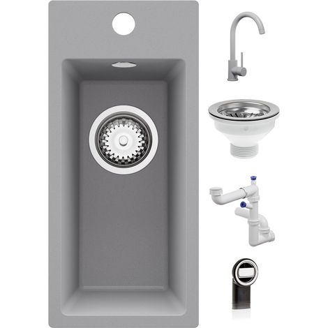 PRIMAGRAN Evier Cuisine en Granit 23x50cm,Lavabo 1 Bac + Robinet 32x20cm + Kit de Vidage, Évier à Encastrer au Meuble 25cm - Riga, Gris (1/5)