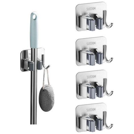 PA Accroche Balai Mural 5 Pièces, Porte Balais Mural sans Percage, Support Balais Mural Adhesif avec Crochet, Range Balai Acier Inoxydable, Porte Outils Mural pour Cuisine, Garage, Jardin, Sa (1/2)