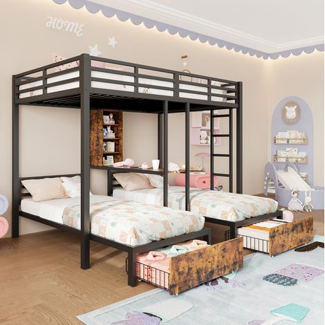 Letto a castello 140x200 + 90x200 cm in metallo nero con vani, senza materassi – MEUBLIV (1/5)