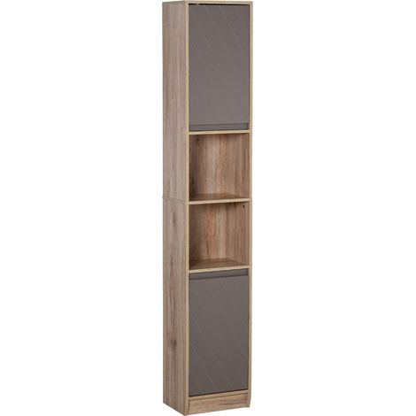 Narrow Bathroom Cabinet, Slim Bathroom Storage Unit with Open Compartment, Freestanding Storage Cupboard with Adjustable Shelves for Small Spaces, 30 x 24 x 170 cm, Grey Oak (1/5)