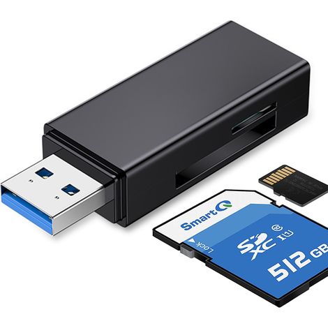 Lecteur de cartes mémoire USB 3.0 SD/TF, 2 emplacements, compatible avec les cartes SDXC, SDHC, SD, MMC, RS-MMC, micro SDXC, micro SD et micro SDHC. (1/5)