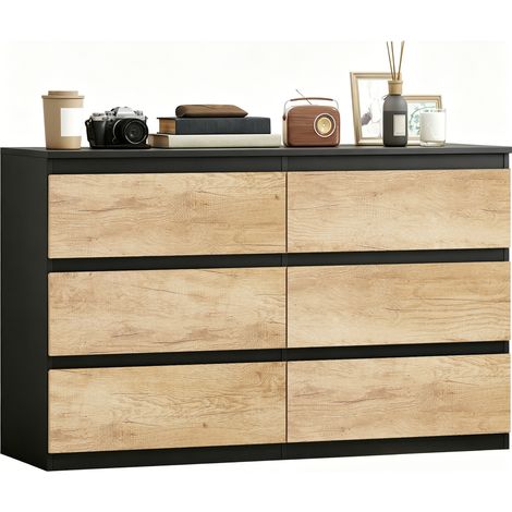 Commode 6 tiroirs en bois aggloméré, meuble de rangement chambre, 120 x 39 x 75 cm - PANGIVO (1/5)