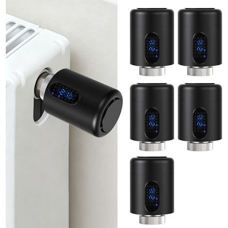Randaco Smartes Heizkörperthermostat WiFi, App-Steuerung, Smart Life/Tuya, 7 Ventiladapter je Thermostat, Schwarz, 5er-Set (1/5)