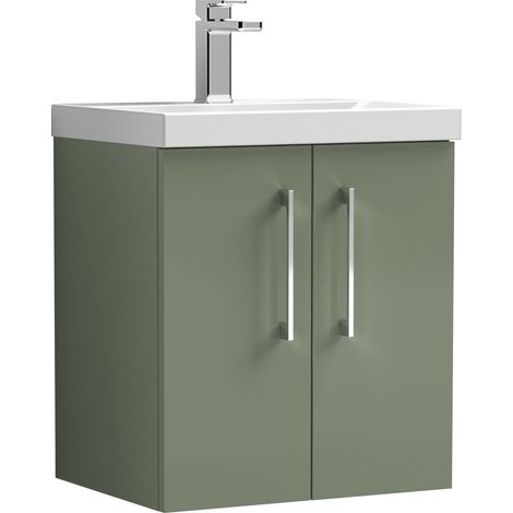 Nuie Arno Satin Green 500mm Wall Hung 2 Door Vanity Unit and Thin Edge Ceramic Basin - ARN821D (1/5)