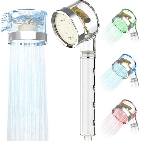 Douchette, 3 Couleurs LED Changement Contrôle température, Pommeau de Douche helice Haute Pression, Féconomie d’eau, iltre à Trois Niveaux Système de Filtrage avec Filtre Coton PP (1/5)