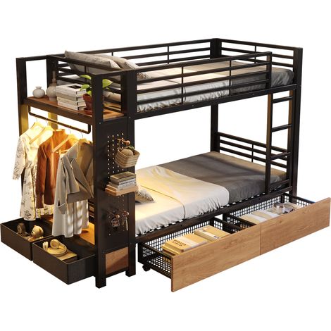 Lit superposé 90x200 en métal noir avec rangement, LED, tiroirs, penderie et sécurité EN747 (1/4)