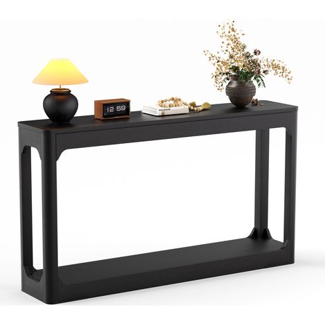Table console noire 140 cm, meuble d’appoint étroit avec rangements ouverts, idéal derrière le canapé, dans l’entrée et le couloir, style moderne - CHICFURN (1/5)