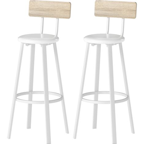 Ensemble de 2 tabourets de bar, assise rembourrée (75,5 cm de hauteur), dossier et repose-pieds, bois naturel et blanc