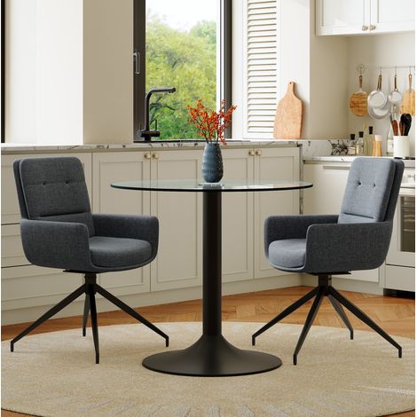 Esszimmerset aus gehärtetem Glas und schwarzem Metall, 2 Plätze, eleganter Stil mit Drehstühlen (1/5)