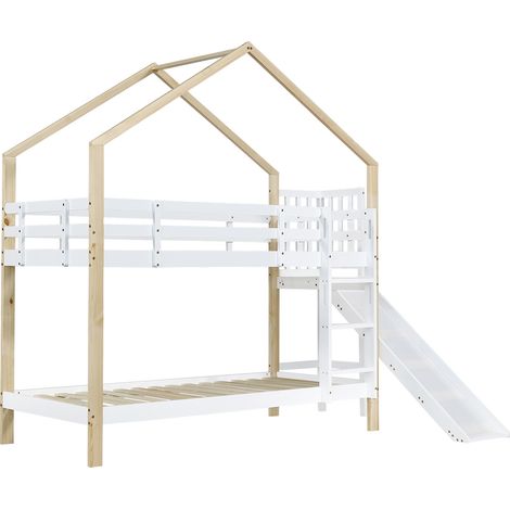 Lit superposé cabane avec toboggan, échelle 3 marches, 90x200 cm, blanc et naturel (1/5)