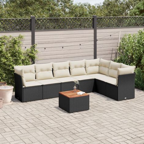 Ensemble Salon Jardin 8 Places Noir Résine Tressée avec Coussins Crème - Table Acacia, Modulaire (1/3)