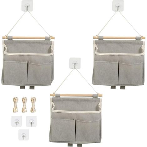 Lot de 3 organiseurs suspendus en tissu - Sacs de rangement pliables en lin avec 3 crochets adhésifs - Rangement mural pour cuisine, salle de bain, bureau, camping-car - Gris (1/5)