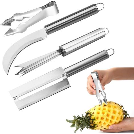Ananasschneider, Ananasschäler-Set Enthält Ananasschneider, Zuckerrohrmesser, Kernausstecher und Ananasgabel, Edelstahlschäler für Ananas, Zuckerrohr, Bananen usw. (4-teilig) (1/5)