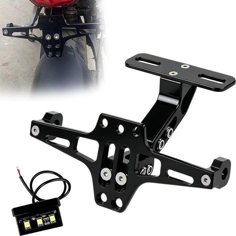 Support de plaque d'immatriculation moto, Support de plaque d'immatriculation réglable avec lumière LED, Support de plaque d'immatriculation universel pour moto, Éliminateur de garde-boue (1/5)