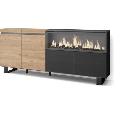 Skraut Home – Buffet de rangement 208x35x87cm – 4 portes – Cheminée électrique XXL – Design industriel chêne et noir – Meuble moderne (1/5)