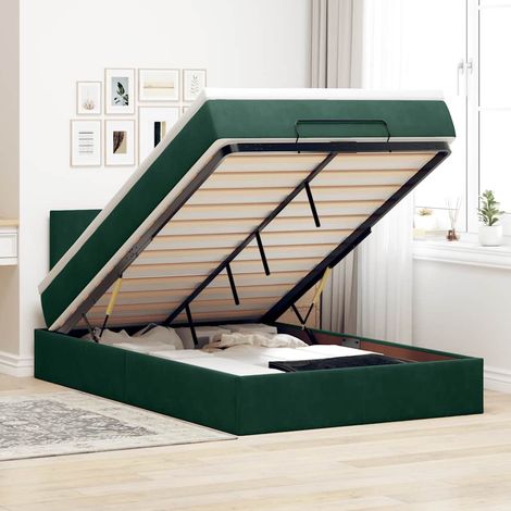 Estructura cama otomana colchón terciopelo verde oscuro (1/5)