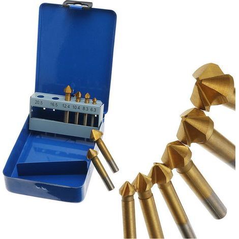 Counter-milling drill bit set - HSS 90-degree countersinking drill bit set, chamfering cutter for woodworking and metalworking, titanium-coated HSS chamfering drill bit 6.3-20.5mm, 6pcs (Blue Iron Box (1/4)