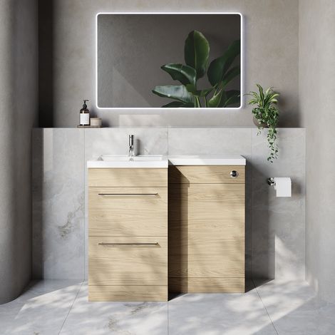 Napoli 390 Light Oak 1000mm 2 Drawer Vanity Unit Toilet Suite with Left Hand Square Lucia Basin - 1000mm - Chrome 320mm HandleWithout Kingston Toilet Pan