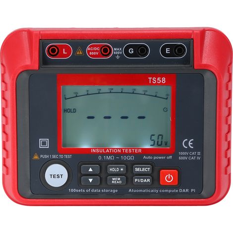 TS58 Mégohmmètre Numérique Testeur de Résistance d'Isolement 0.1MΩ-10GΩ avec Écran LCD Rétroéclairé AC DC 10-600V 2000 Comptes Max DAR PI Écran Résistance Isolement Kit avec Sac à Fermeture Éclair (1/3)