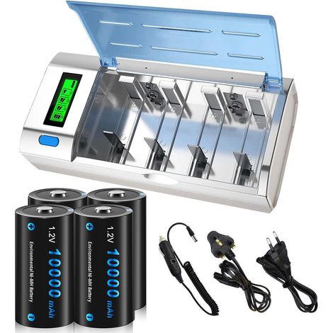 Chargeur de Batterie Universel pour écran LCD avec Fonction de décharge pour Batteries AA, AAA, C, D, 9V NI-MH NI avec 4 Batteries NI-MH D Taille 10000mAh (1/5)