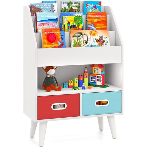 Design 3 Niveaux Bibliothèque Enfant avec Coffre à Jouets et 2 Tiroirs Tissu Rangement Chambre Blanc (1/5)
