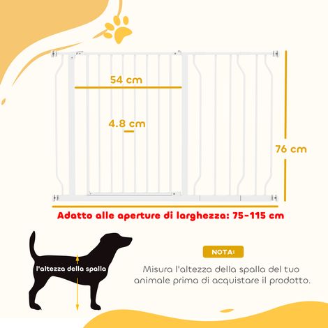 Barrière de sécurité pour chiens en acier et plastique ABS, extensible (75-115 cm), pour escaliers et portes, blanche. (1/5)