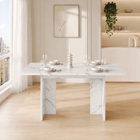 Mesa de comedor extensible 140/180 x 80 cm para 6-8 personas, MDF blanco mármol DESVIAE (1/5)