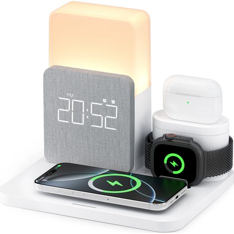 Réveil sans fil 3 en 1 (blanc) : station de charge rapide et veilleuse avec écran LED. (1/5)