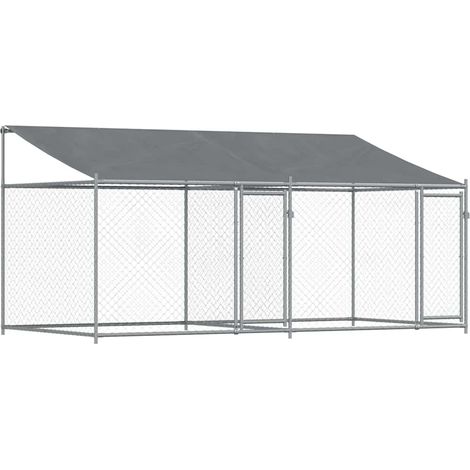 Cage pour chien avec toit et portes gris 4x2x2m acier galvanisé